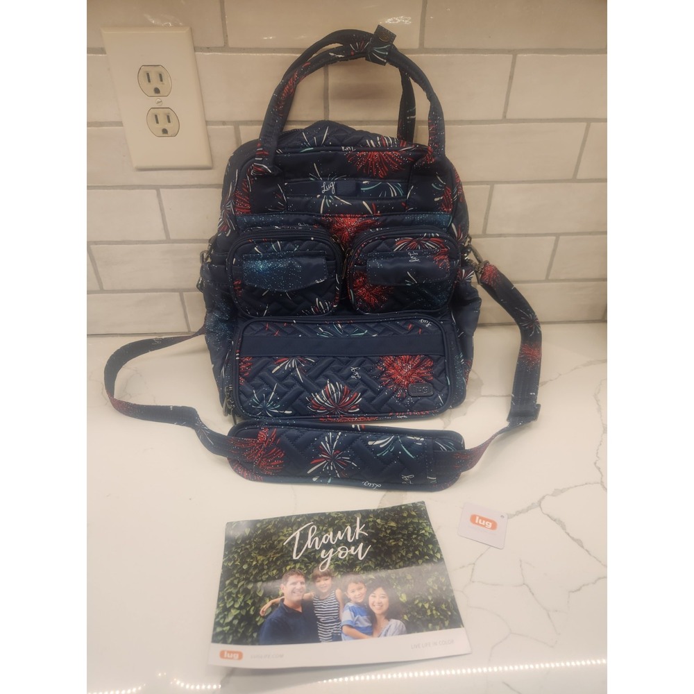 NWOT Lug Mini Puddle Jumper Tote Bag Navy Blue Fireworks Double Handle W/Strap